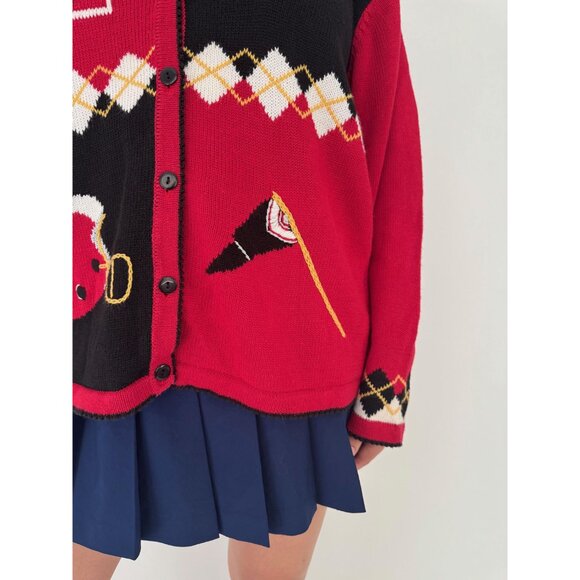 90s vintage red novelty football argyle print embroidered knit cardigan large XL - Picture 9 of 10